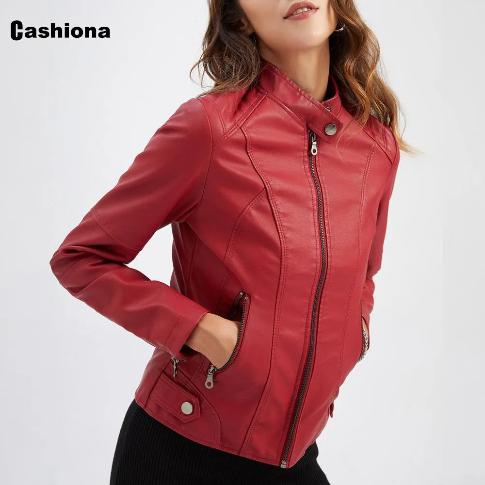 Jackets Trendy 2021 Faux Pu Leather Jackets Women Spring Autumn Outerwear Pocket Zipper Coat Slim Fitted Jacket Red Black Femme Clothing