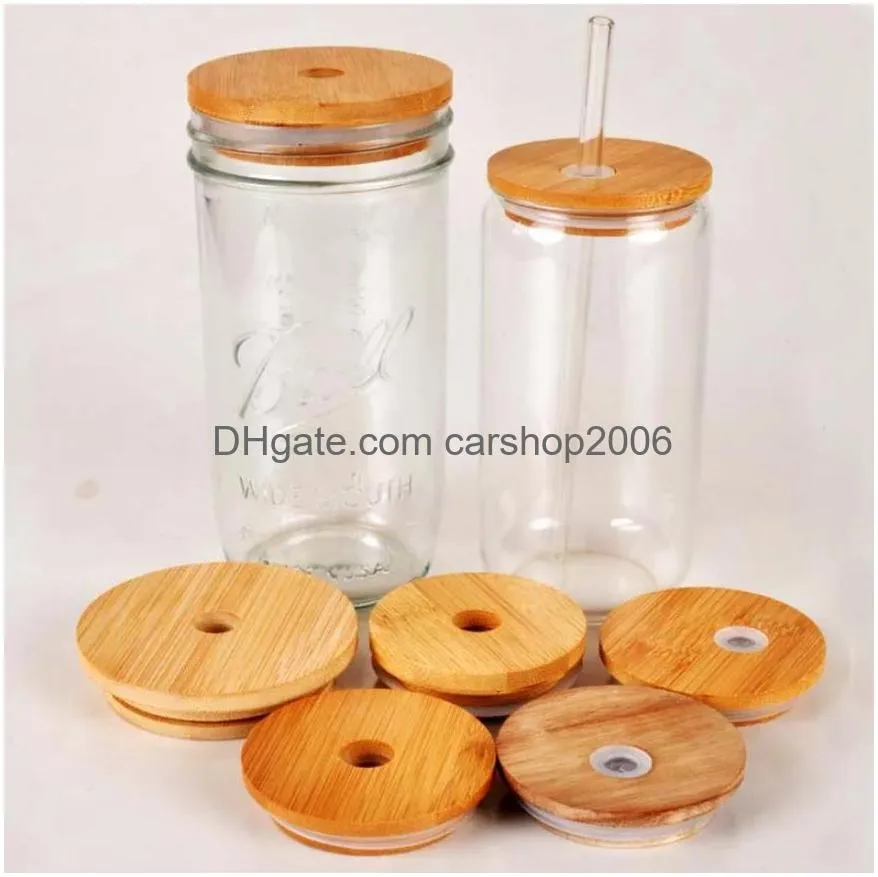factory bamboo cup lid 70mm 65mm reusable wooden mason jar lids with straw hole and silicone straw valve