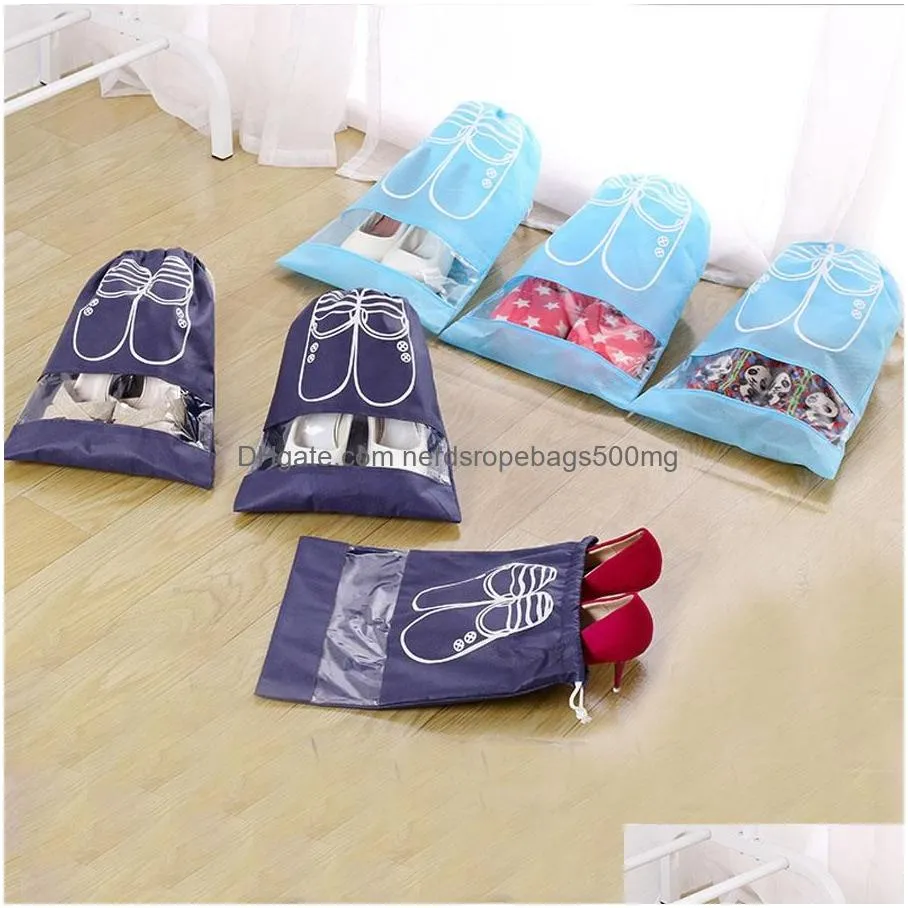 outdoor travel portable nonwoven drawstring 2 size large capacity perspective shoes tote bag dustproof shoes storage bag dh0586