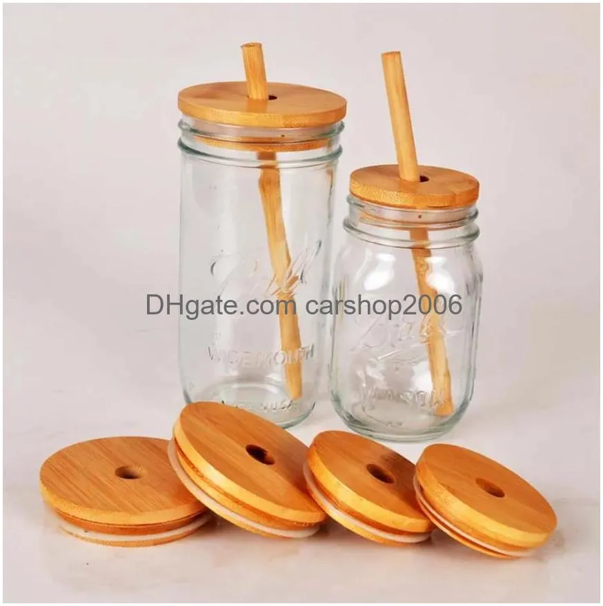 factory bamboo cup lid 70mm 65mm reusable wooden mason jar lids with straw hole and silicone straw valve