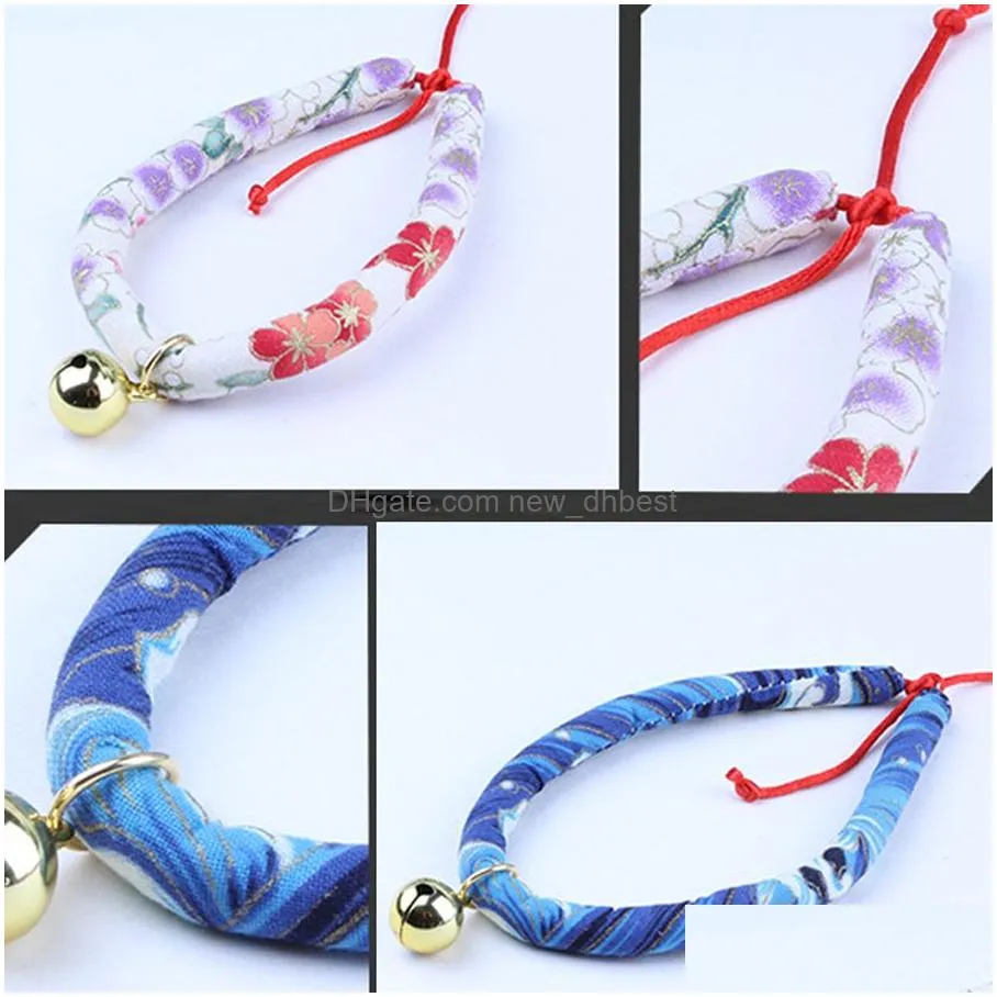 japanese style cat bell antilost collar 4 size adjustable multi colors handmade soft fabric cat dog collar pet accessories dh0551