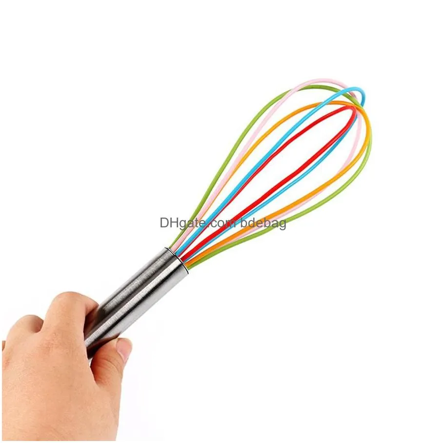 10 inch wire whisk stirrer mixer egg beater color silicone egg whisk stainless steel handle household baking tool dh0162