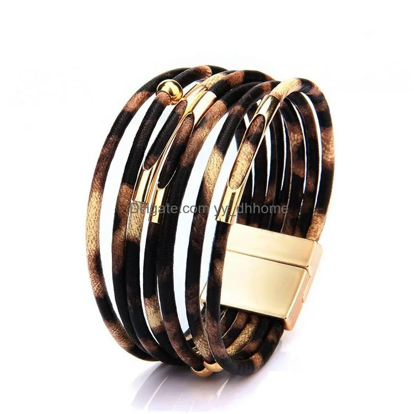 leopard leather bracelet for women fashion magnetic clasp charm bracelets bangles elegant multilayer wrap bracelet jewelry gift vt0981