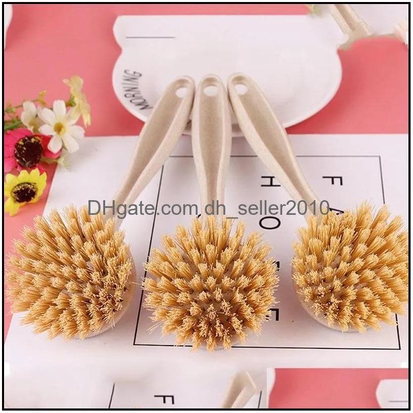 long handle pot brush kitchen pan dish bowl washing cleaning tools portable wheat straw household clean brushes