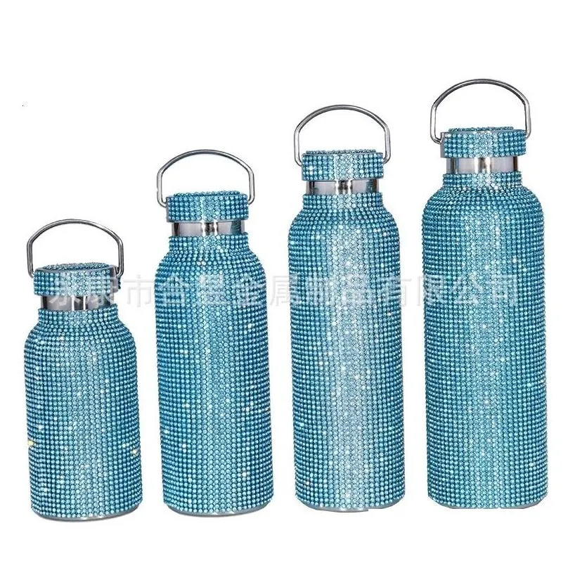 water bottles bling diamond thermos portable glitter bottle crossbody stainless steel thermal flask 350ml 500ml 750ml 221018