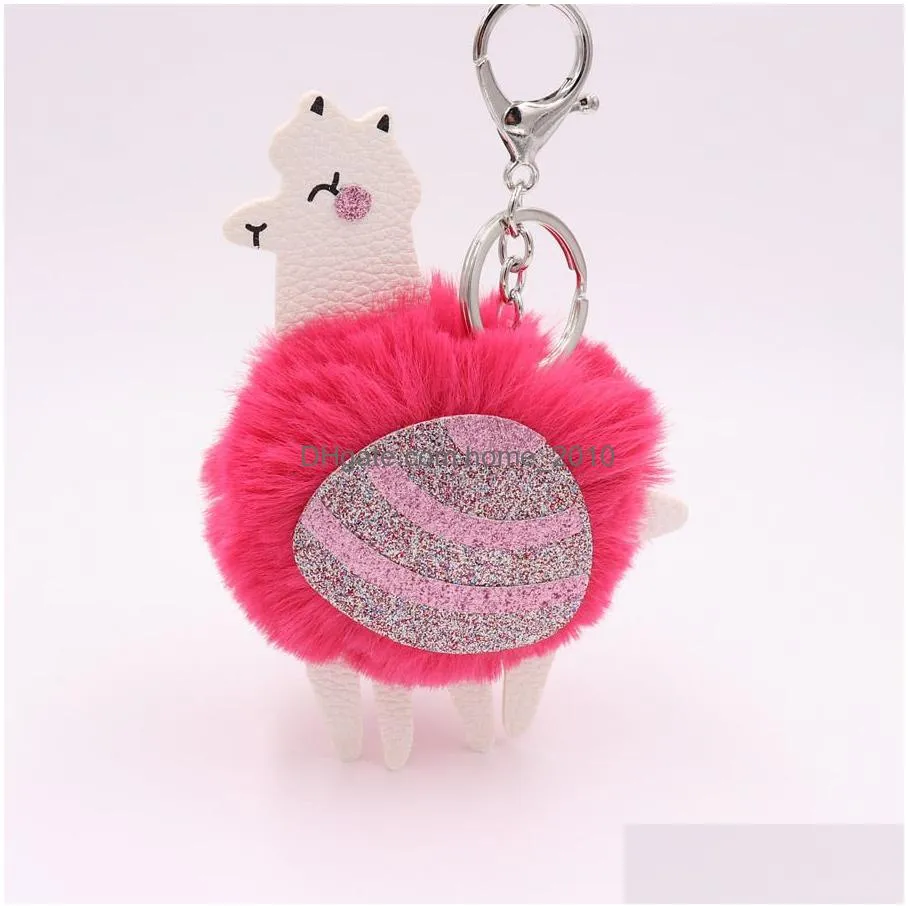 alpaca pom keyring sequins leather key chain fake fur keychain cute cartoon animal keychain for car bag key ring pendant gift dbc