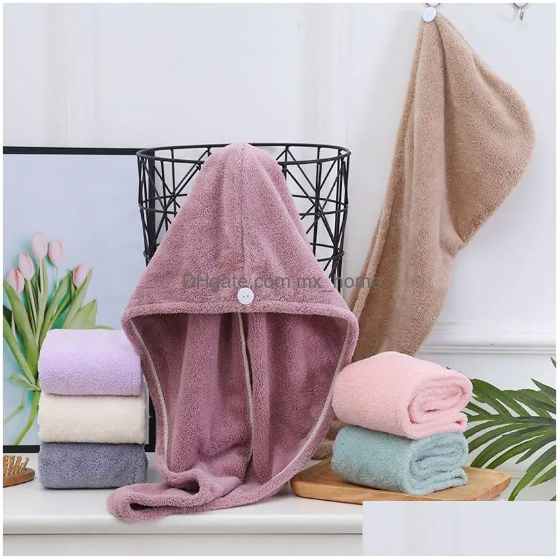 soft coral fleece absorbent towel microfiber woman long hair fast drying towel solid color bath wrap hat quickly dry caps turban
