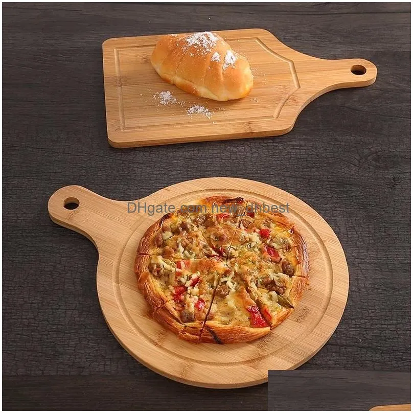 wholesale multifunction kitchen bamboo cutting board large food plate 3 size bamboo pizza trays home baking hand pizza trays d1294