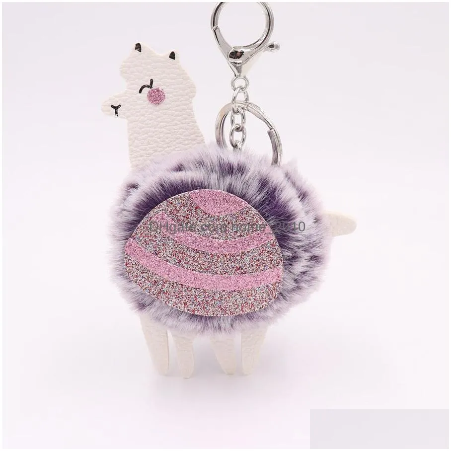 alpaca pom keyring sequins leather key chain fake fur keychain cute cartoon animal keychain for car bag key ring pendant gift dbc