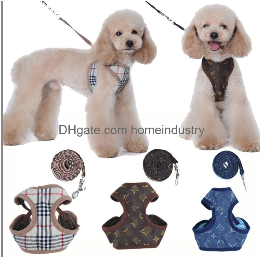 designer dog harness leashes set classic jacquard lettering stepin dog harnesses soft air mesh pet vest for small dogs cat teacup puppies shih tzu poodle brown