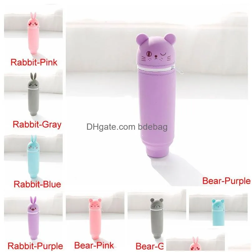 school supplies scalable pencil organizer silicone cute rabbit bear pen bags colorful large capacity student stationery bag dh1329