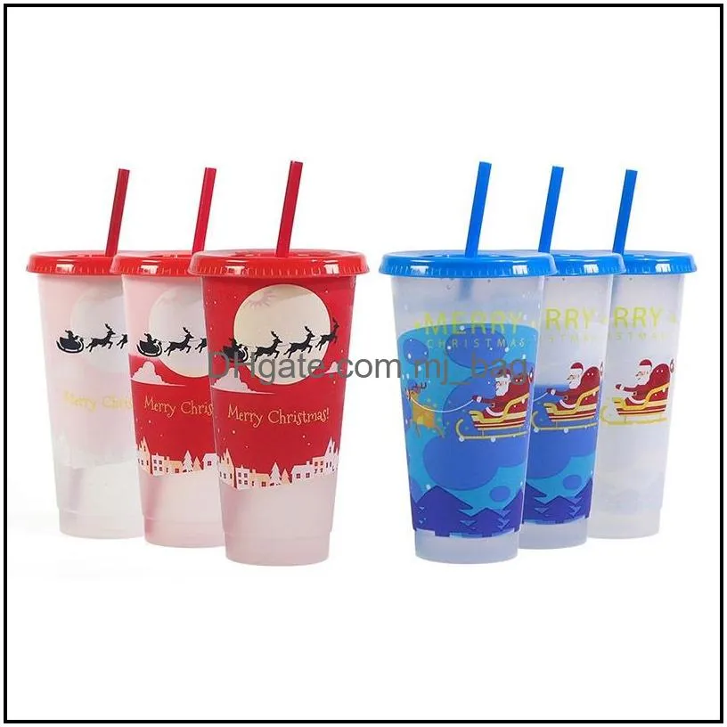 creative christmas drinkware cold colorchanging plastic cups christmas decoration juice cup with lid and straw