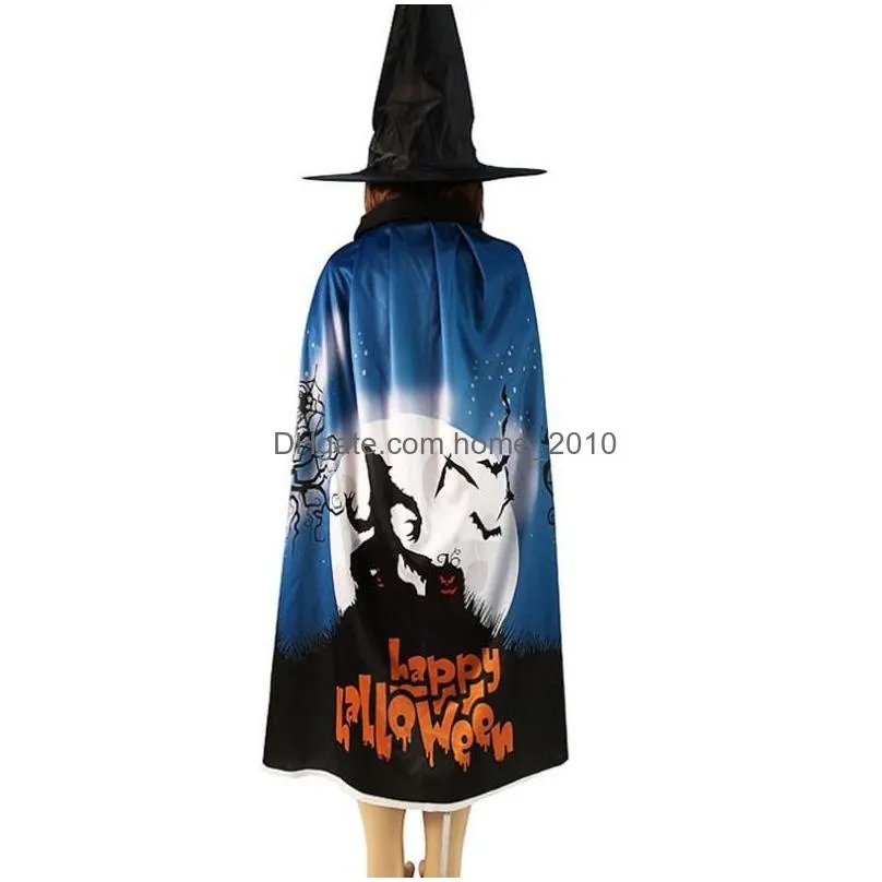 2pcs/set halloween robe cloak black wizard hat cape cosplay costume adult robe cloak bat pumpkin skull printed robe cloaks vt0477
