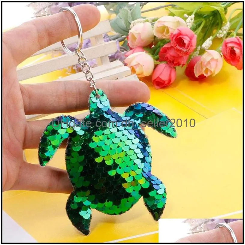 creativity bling sequin keychain pendant crafts colorful shiny tortoise car key chain ring ladies bag pendants jewelry accessories