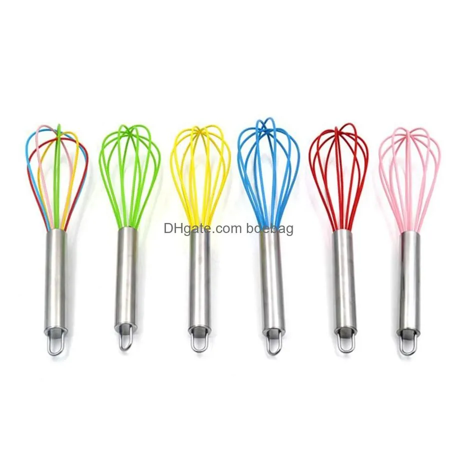 10 inch wire whisk stirrer mixer egg beater color silicone egg whisk stainless steel handle household baking tool dh0162