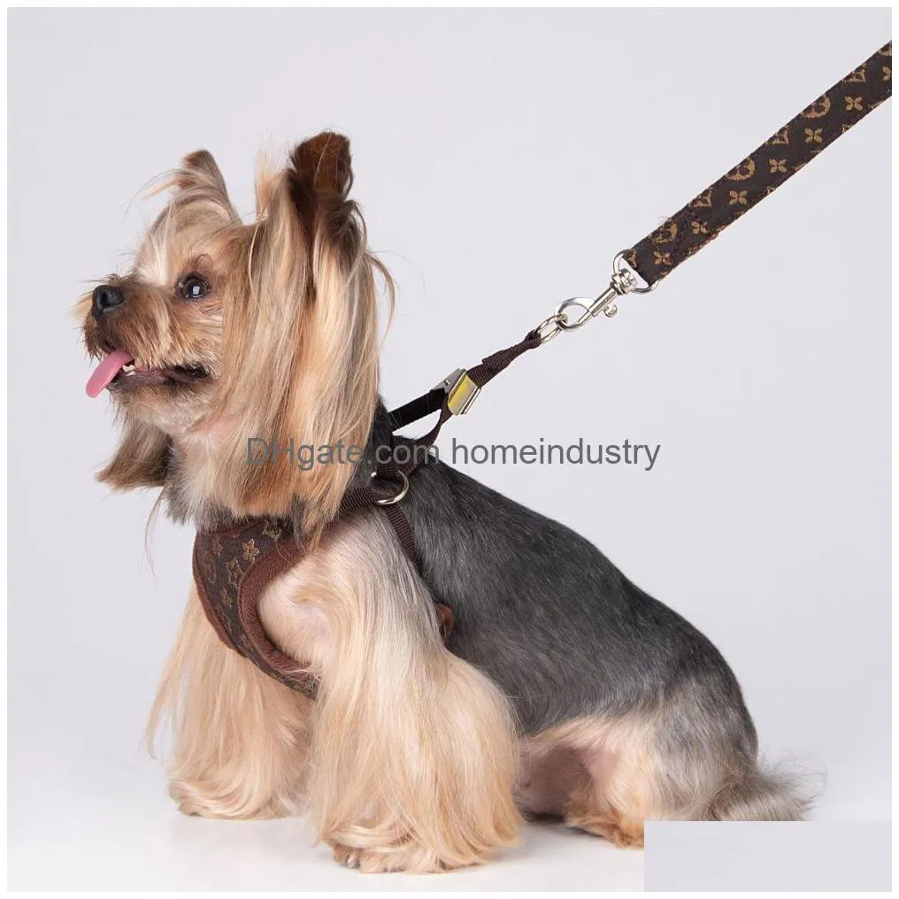 designer dog harness leashes set classic jacquard lettering stepin dog harnesses soft air mesh pet vest for small dogs cat teacup puppies shih tzu poodle brown