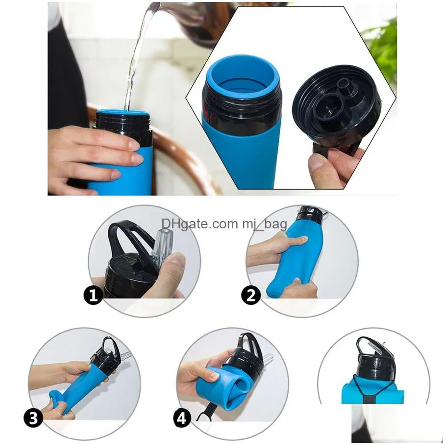 600ml creative riding foldable water bottles outdoor sports portable collapsible food grade silicone water cups with straw vt07601