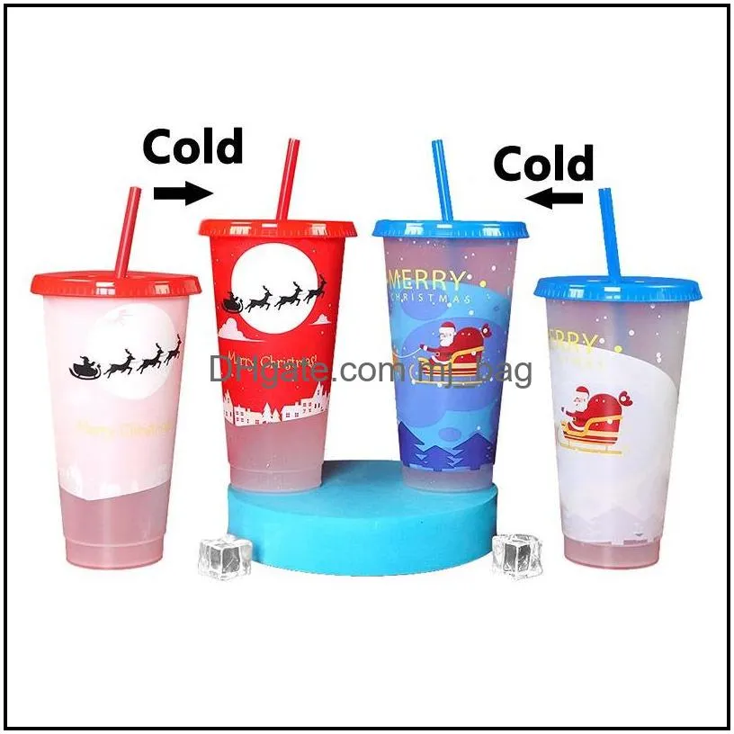 creative christmas drinkware cold colorchanging plastic cups christmas decoration juice cup with lid and straw