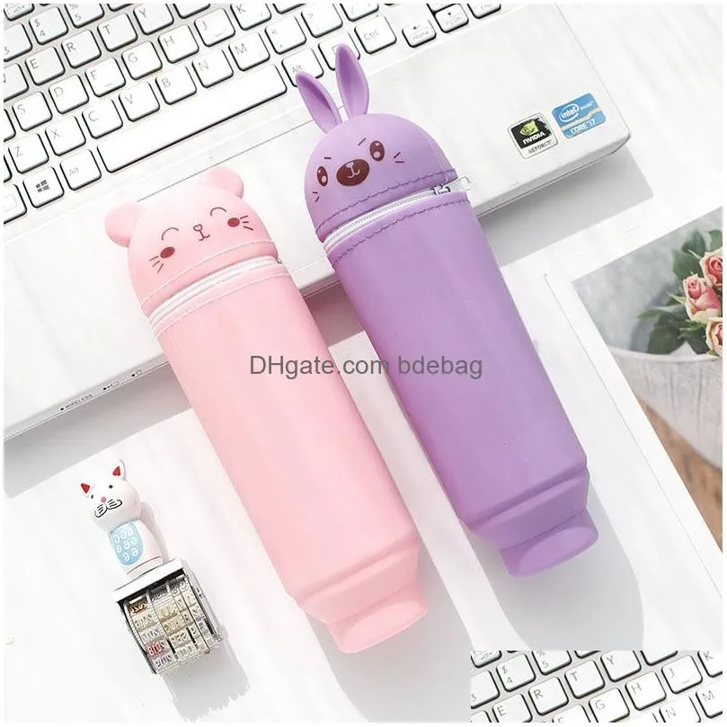 school supplies scalable pencil organizer silicone cute rabbit bear pen bags colorful large capacity student stationery bag dh1329