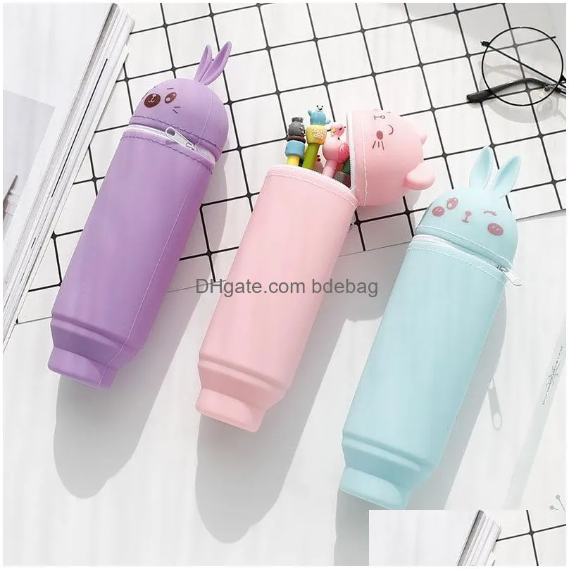 school supplies scalable pencil organizer silicone cute rabbit bear pen bags colorful large capacity student stationery bag dh1329