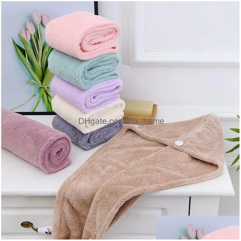 soft coral fleece absorbent towel microfiber woman long hair fast drying towel solid color bath wrap hat quickly dry caps turban