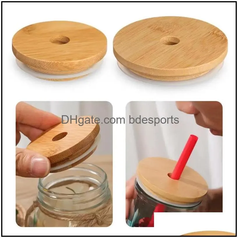 factory bamboo cap lid reusable wooden mason jar lids 70mm with straw hole and silicone seal drinkware for canning drinking jars top