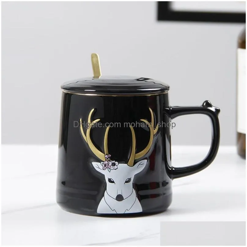 christmas gift cartoon cute cups fawn printed lid spoon creative lovely couples porcelain cups office cute fashion coffee cups mugs
