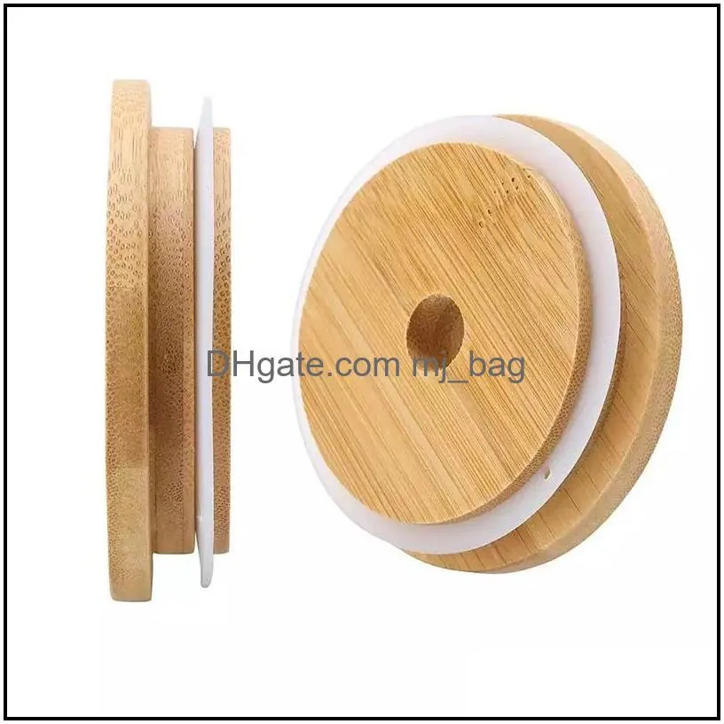 70mm 88mm bamboo cup lids reusable wooden mason jar lid with straw hole and silicone seal bowl cover