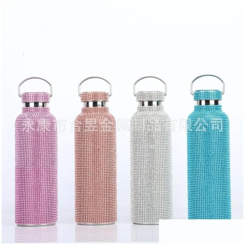 water bottles bling diamond thermos portable glitter bottle crossbody stainless steel thermal flask 350ml 500ml 750ml 221018