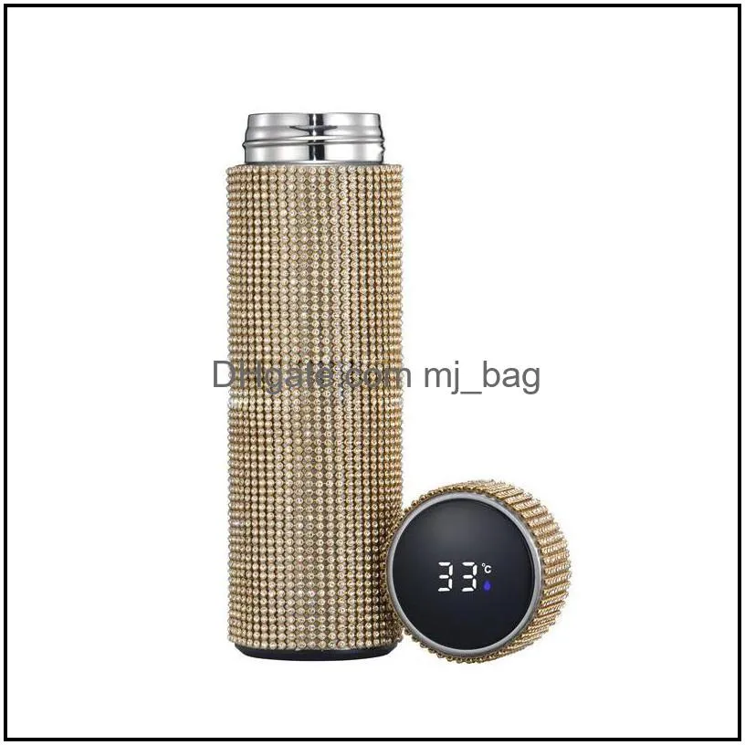 fashion bling diamond water bottle 500ml led temperature display tumbler cup drinking coffee mug stainless steel 304 vacuum flask cups