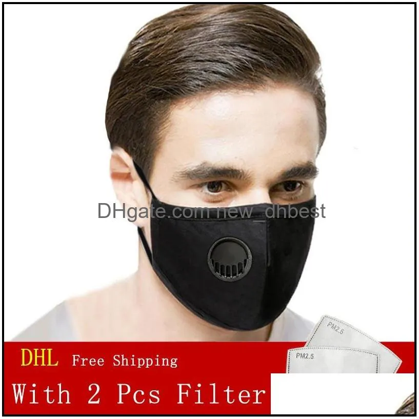 2 in 1 fashion breathing valve face mask with 2 pcs pm2.5 filter cotton masks dust and smog reusable protective masks