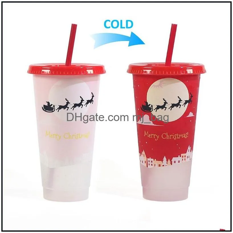 creative christmas drinkware cold colorchanging plastic cups christmas decoration juice cup with lid and straw