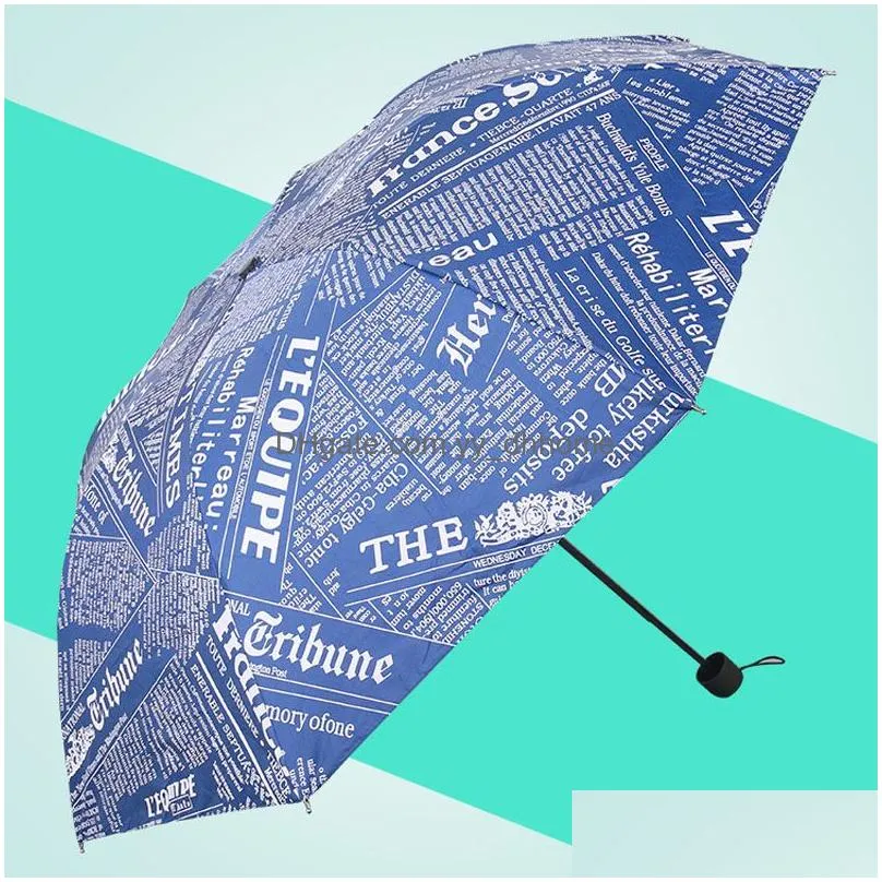 sunny rainy women uv protection windproof umbrella retro spaper printed three folding umbrella men portable vinyl umbrellas dh1396