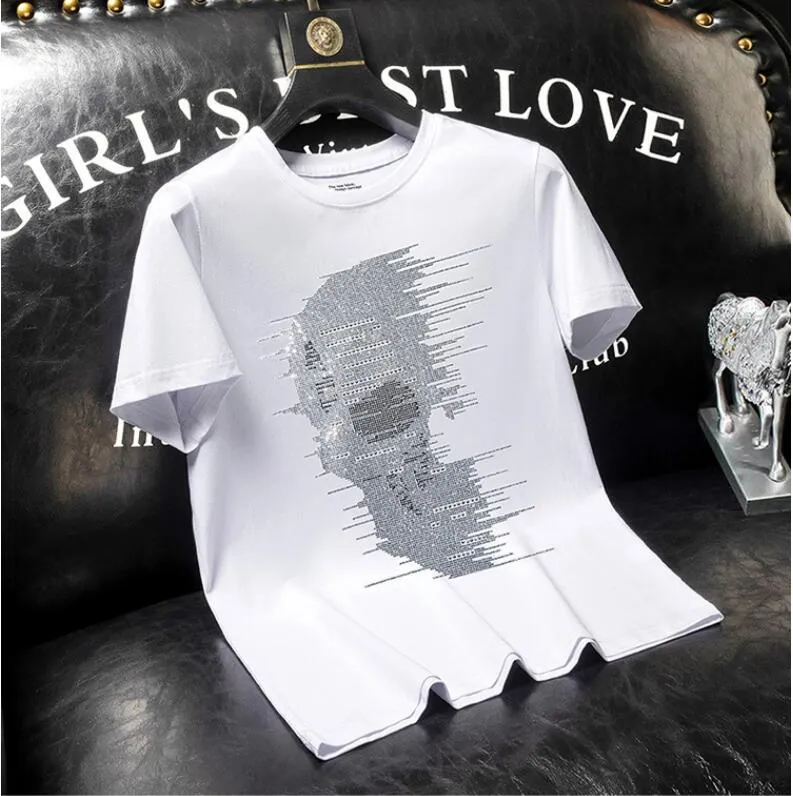 Rhinestones Skulls T Shirts Mens Fashion Streetwear O Neck Short Sleeve Slim Modal Cotton Casual T-shirts Man Plus Size 7XL