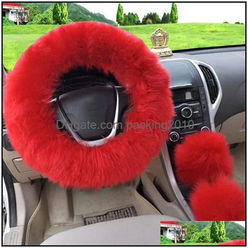 3pcs/set winter car steering wheel cover 12 colors long wool pink fur universal steering wheel cover car accessories wholesale