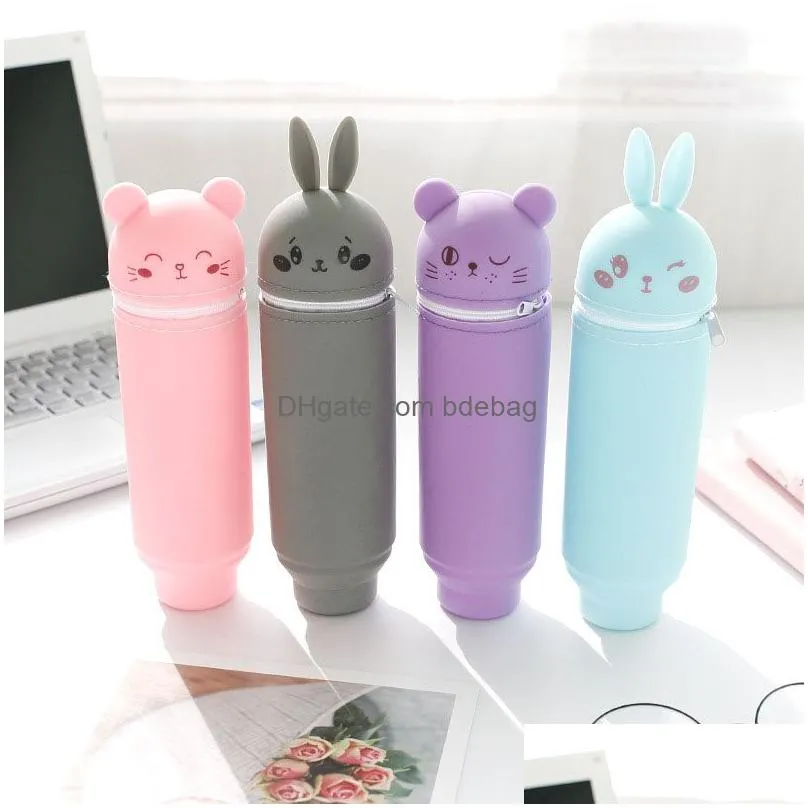 school supplies scalable pencil organizer silicone cute rabbit bear pen bags colorful large capacity student stationery bag dh1329