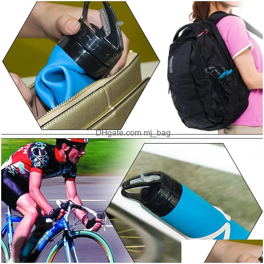 600ml creative riding foldable water bottles outdoor sports portable collapsible food grade silicone water cups with straw vt07601