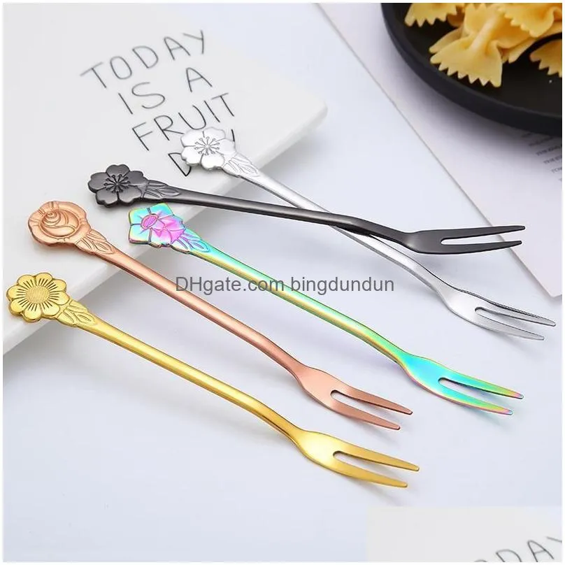 creative stainless steel flower handle fork cute korean style little cute smooth surface mirror reflective cake dessert food fork