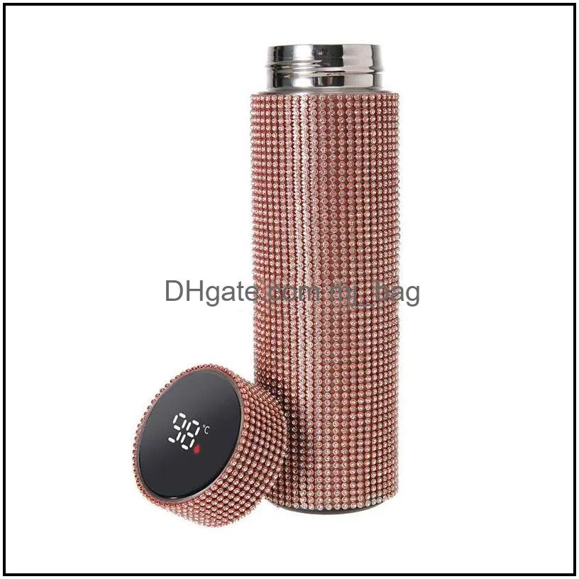 fashion bling diamond water bottle 500ml led temperature display tumbler cup drinking coffee mug stainless steel 304 vacuum flask cups