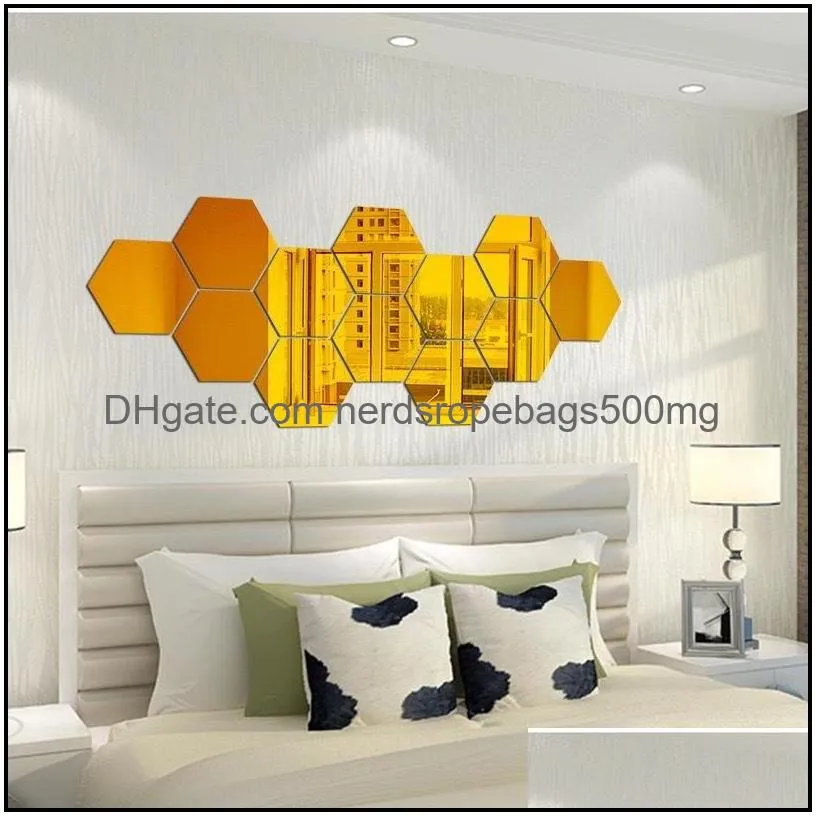12pcs 3d regular hexagon home decorative acrylic mirror wall stickers living room bedroom poster decor rooms decoration