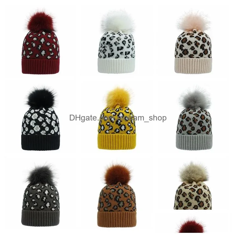 fashion women beanie hat leopard pompon winter outdoor knitted hat unisexthicken woolen skullies beanies vt1738