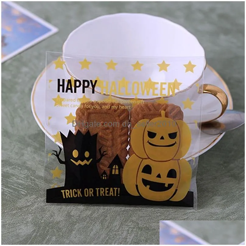 100pcs/lot halloween candy plastic bag self adhesive cookie bag bake cookie biscuit plastic bag pumpkin print food package bags dbc