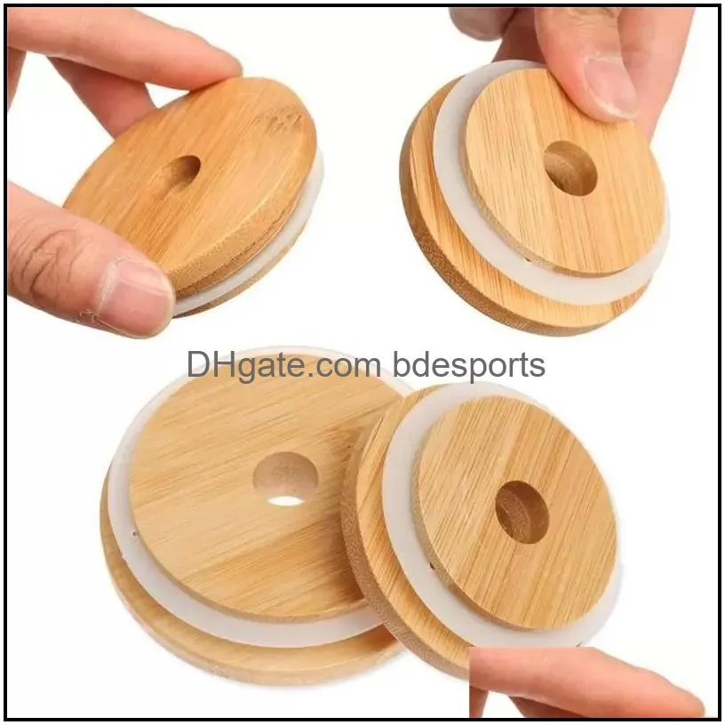 factory bamboo cap lid reusable wooden mason jar lids 70mm with straw hole and silicone seal drinkware for canning drinking jars top