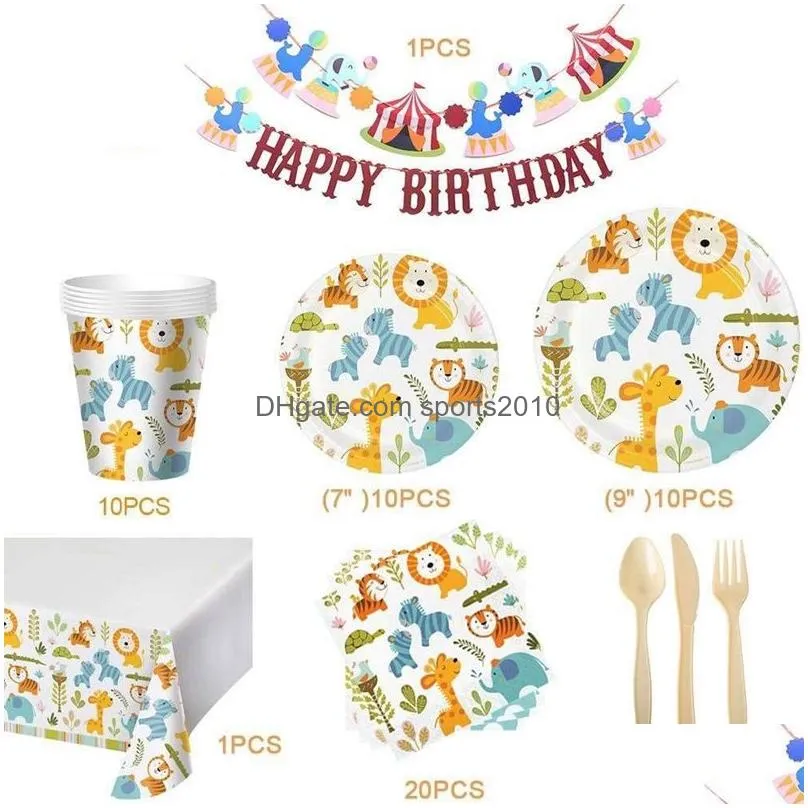 festival party dinnerware decor set cartoon children disposable decoration paper plate cup towel tableware knife fork spoon pull flag