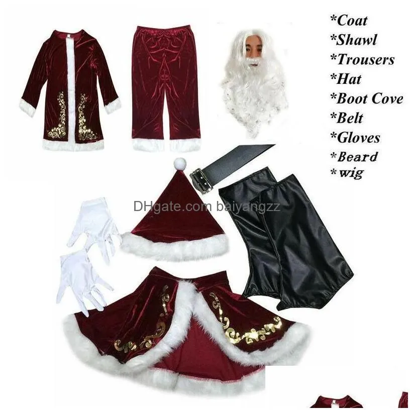 Others Apparel Christmas Decorations 9Pcs Veet Deluxe Santa Claus Father Cosplay Suit Costume Adt Fancy Dress Fl Set Sets Drop Deliv Dhpfb