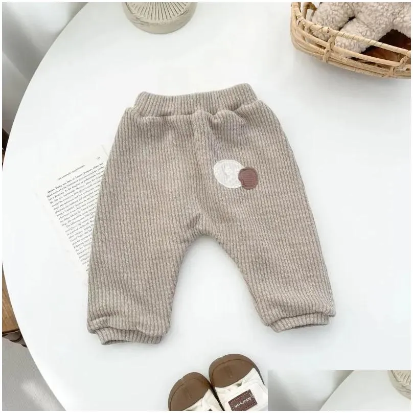 Trousers Autumn Winter Children Plus Velvet Thicken Patch Casual Pants Boy Baby Ribbed Retro Cotton Girl Infant Fleece Warm Trouser