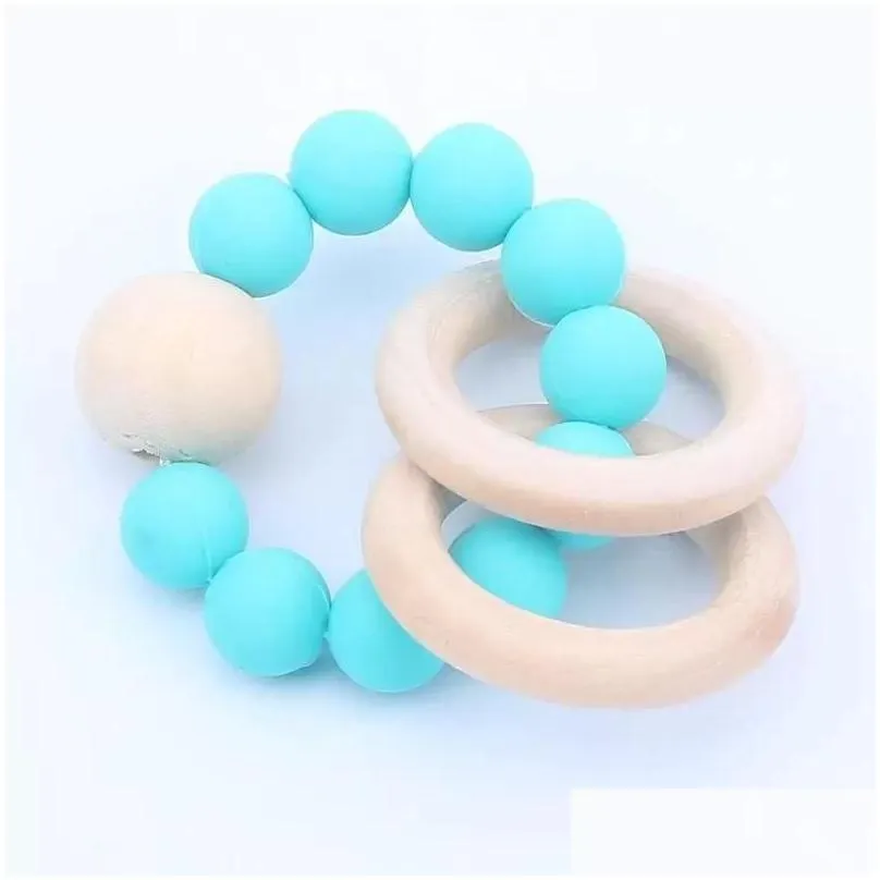 Baby Teether Rings set Food Grade Beech Wood Teething Ring Soothers Chew Toys Shower Play Round Wooden Bead Silicone teethers sxmy21