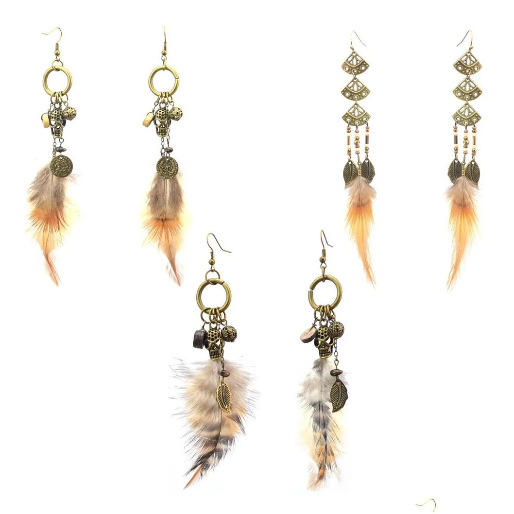 3 Styles Women Bronze Alloy Brown Feather Drop Leaves Skull Leaf Beads Long Dangle Earrings Bohemian Jewelry