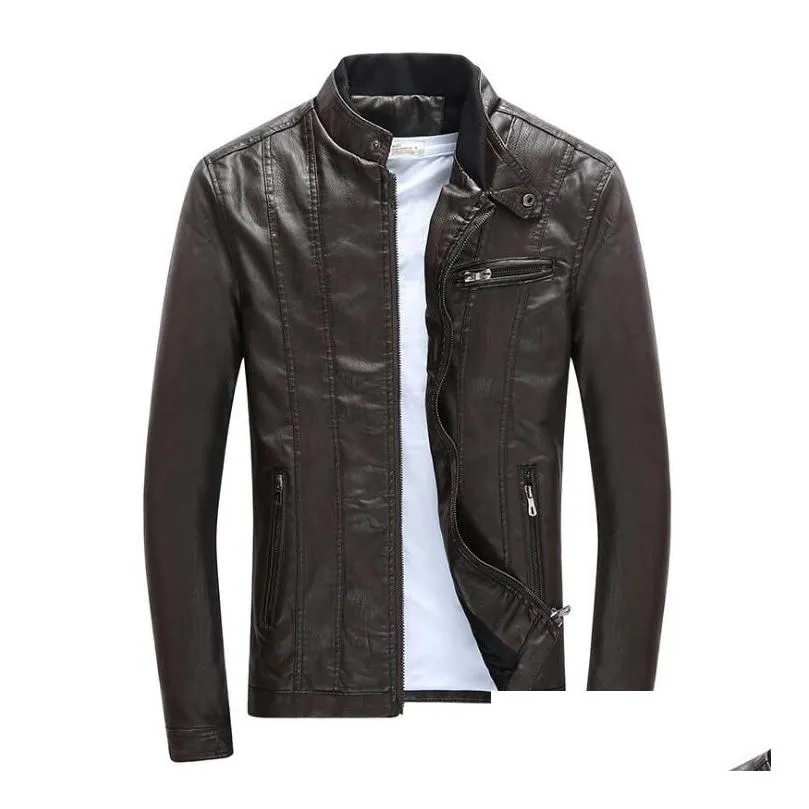 Spring Autumn Mens PU Leather Jackets Stand Collar Coats Male Motorcycle Slim Outerwear Mens Clothing