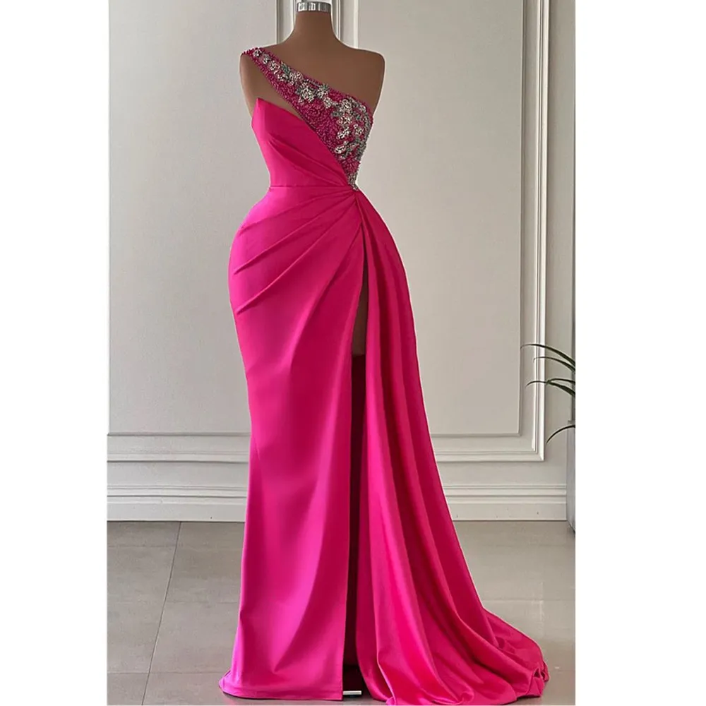 Arabic Aso Ebi Mermaid Hot Pink Prom Dress Beaded Crystals Evening Gowns Feather Birthday Engagement Second Gown Dress Women Formal Wear